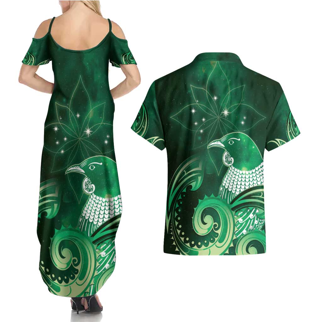 New Zealand Matariki Couples Matching Summer Maxi Dress and Hawaiian Shirt Maori Tui Bird Green Galaxy
