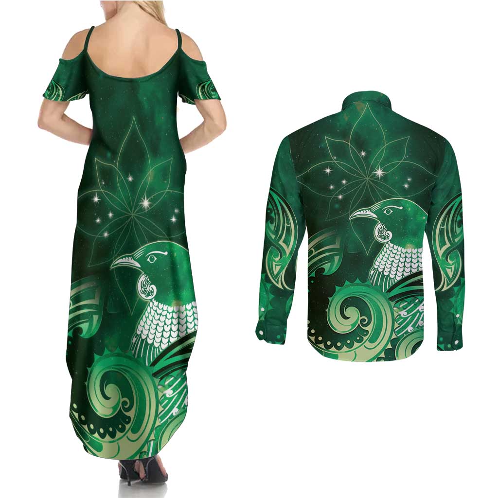 New Zealand Matariki Couples Matching Summer Maxi Dress and Long Sleeve Button Shirt Maori Tui Bird Green Galaxy