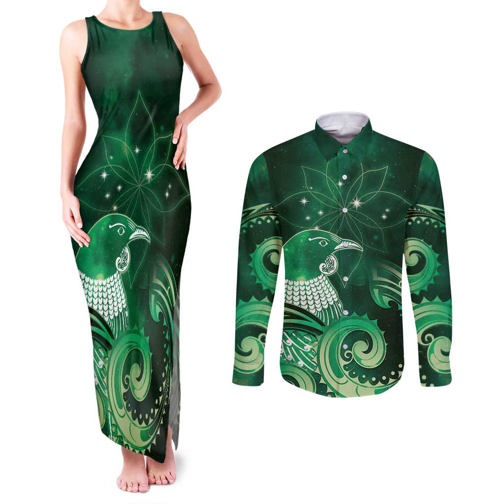 New Zealand Matariki Couples Matching Tank Maxi Dress and Long Sleeve Button Shirt Maori Tui Bird Green Galaxy