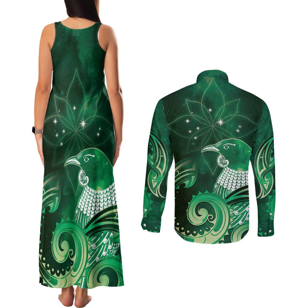 New Zealand Matariki Couples Matching Tank Maxi Dress and Long Sleeve Button Shirt Maori Tui Bird Green Galaxy