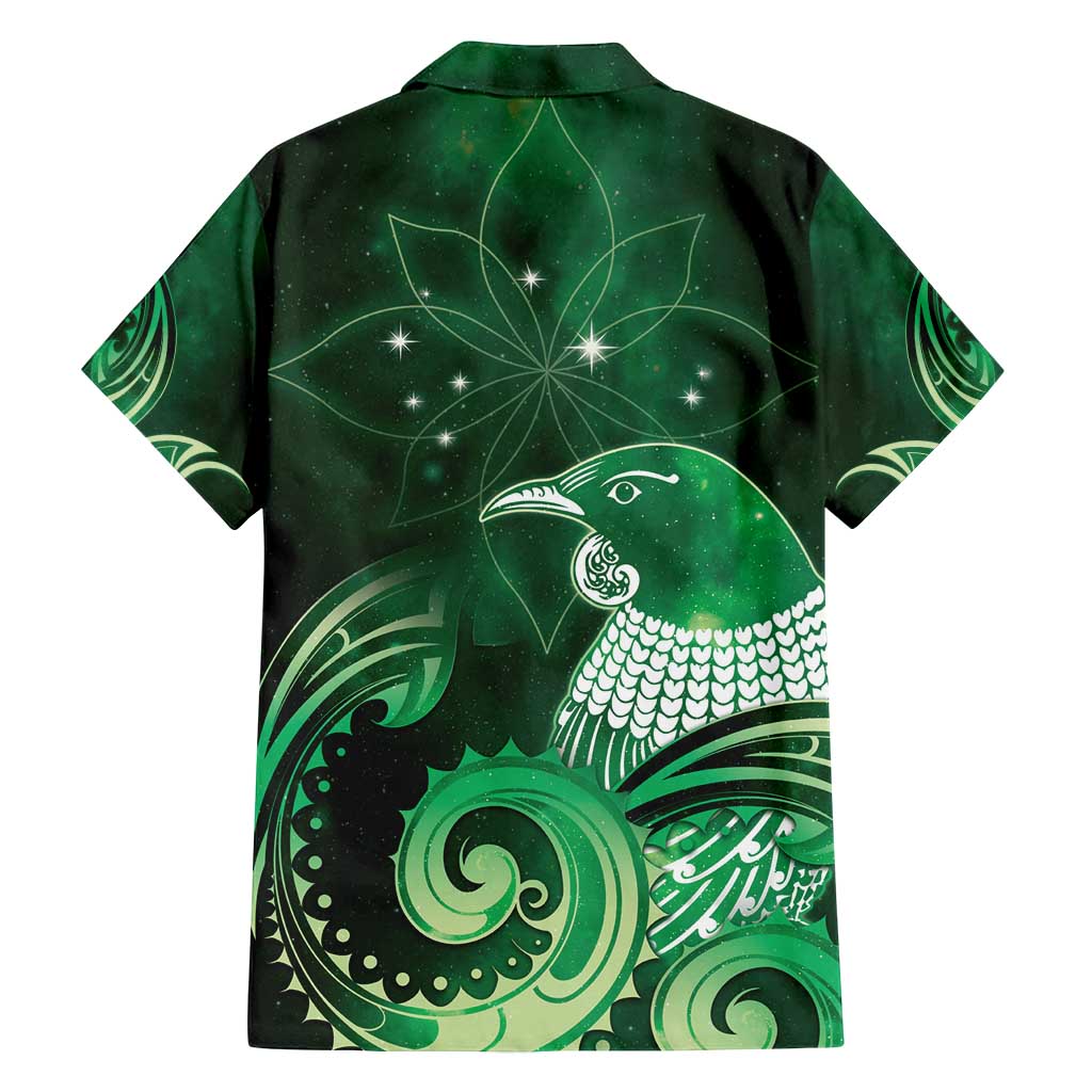 New Zealand Matariki Family Matching Long Sleeve Bodycon Dress and Hawaiian Shirt Maori Tui Bird Green Galaxy