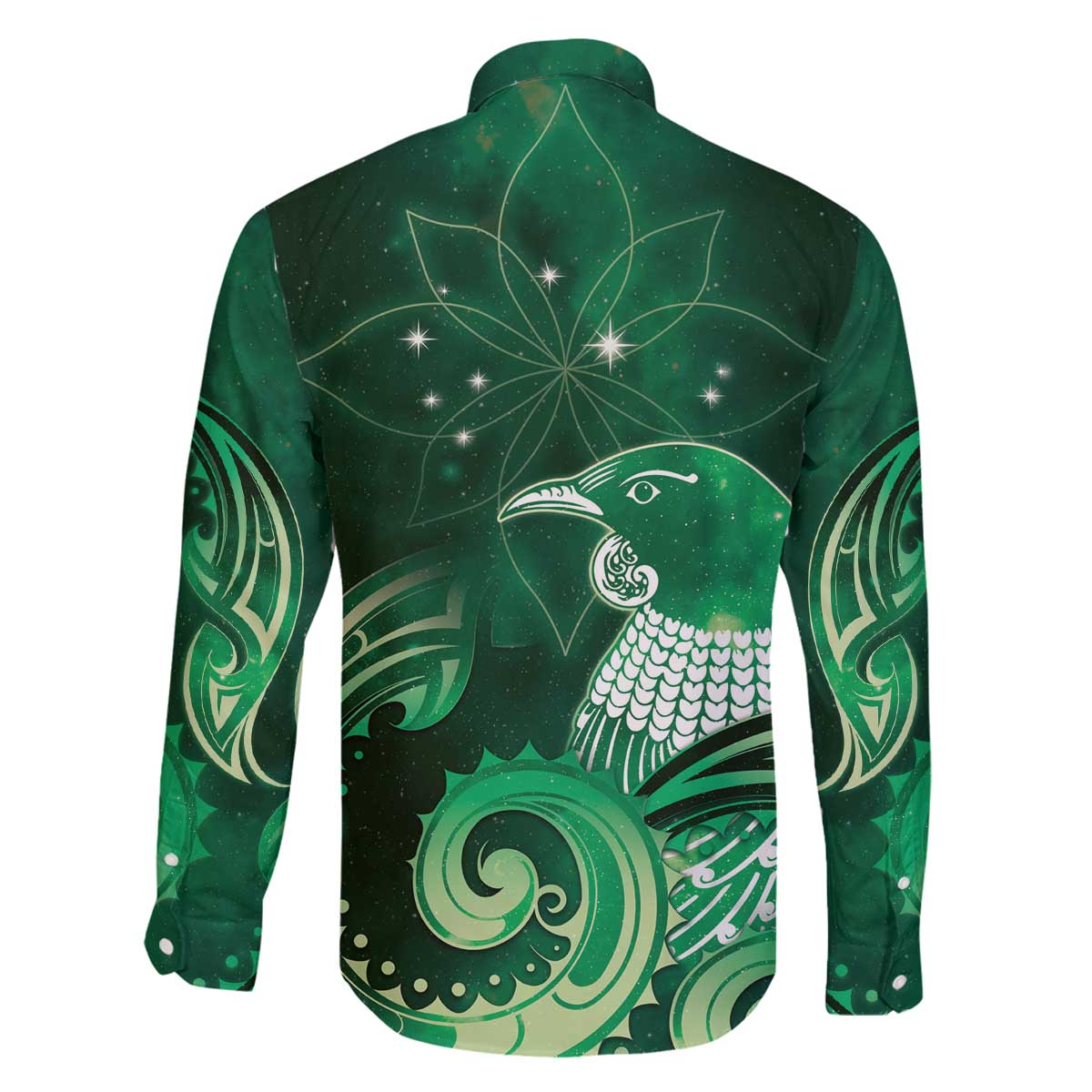 New Zealand Matariki Family Matching Off The Shoulder Long Sleeve Dress and Hawaiian Shirt Maori Tui Bird Green Galaxy