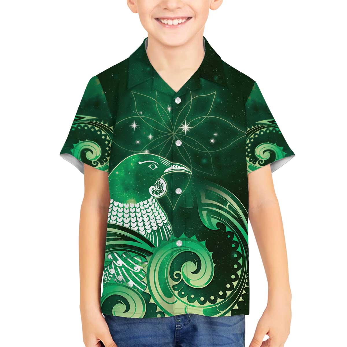 New Zealand Matariki Family Matching Off The Shoulder Long Sleeve Dress and Hawaiian Shirt Maori Tui Bird Green Galaxy