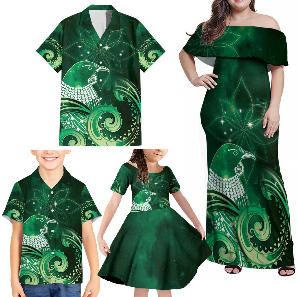 New Zealand Matariki Family Matching Off Shoulder Maxi Dress and Hawaiian Shirt Maori Tui Bird Green Galaxy