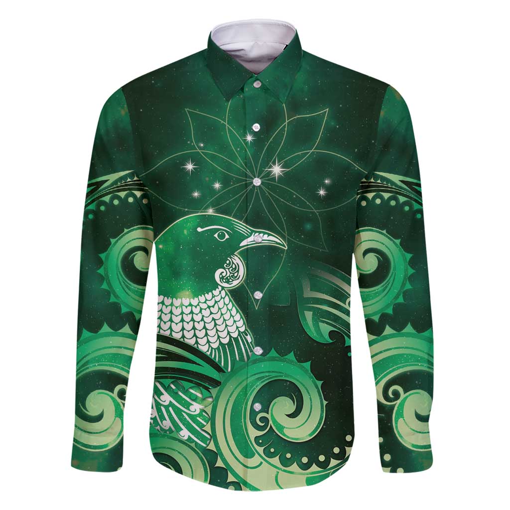 New Zealand Matariki Family Matching Off Shoulder Short Dress and Hawaiian Shirt Maori Tui Bird Green Galaxy