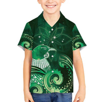 New Zealand Matariki Family Matching Off Shoulder Short Dress and Hawaiian Shirt Maori Tui Bird Green Galaxy
