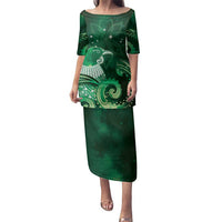 New Zealand Matariki Family Matching Puletasi and Hawaiian Shirt Maori Tui Bird Green Galaxy