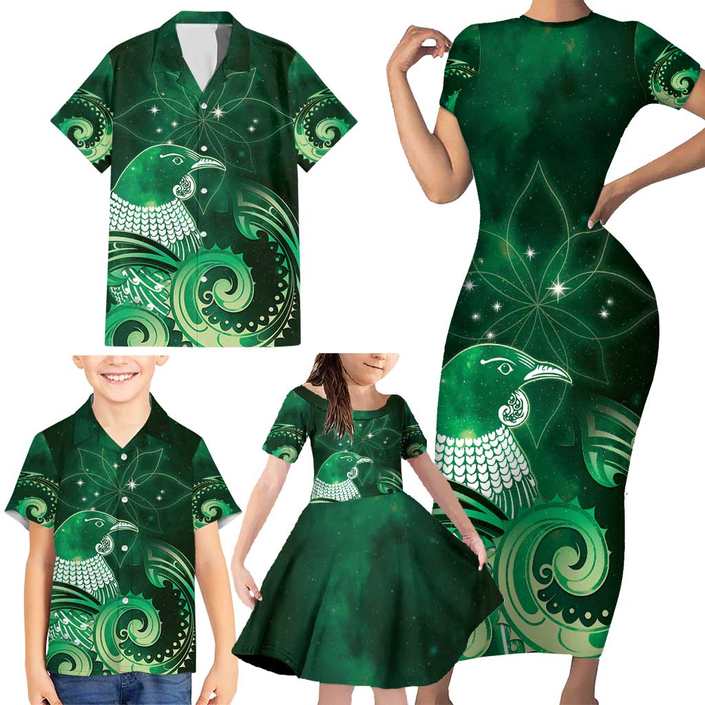 New Zealand Matariki Family Matching Short Sleeve Bodycon Dress and Hawaiian Shirt Maori Tui Bird Green Galaxy