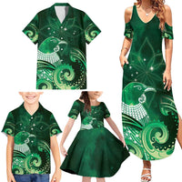 New Zealand Matariki Family Matching Summer Maxi Dress and Hawaiian Shirt Maori Tui Bird Green Galaxy