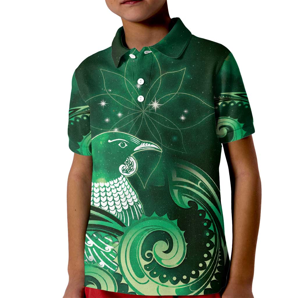 New Zealand Matariki Kid Polo Shirt Maori Tui Bird Green Galaxy