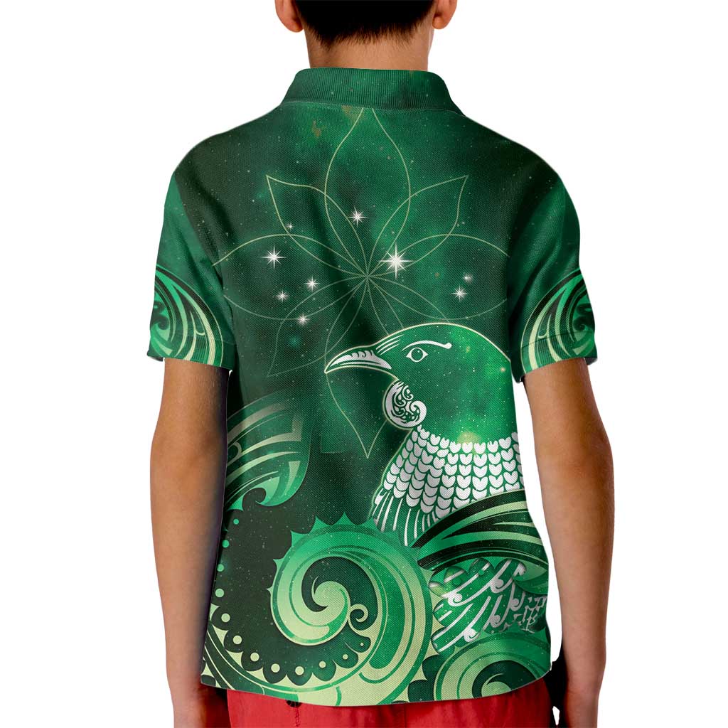New Zealand Matariki Kid Polo Shirt Maori Tui Bird Green Galaxy