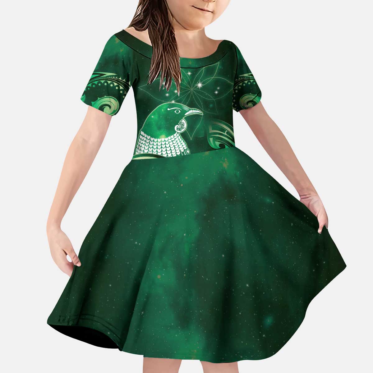 New Zealand Matariki Kid Short Sleeve Dress Maori Tui Bird Green Galaxy