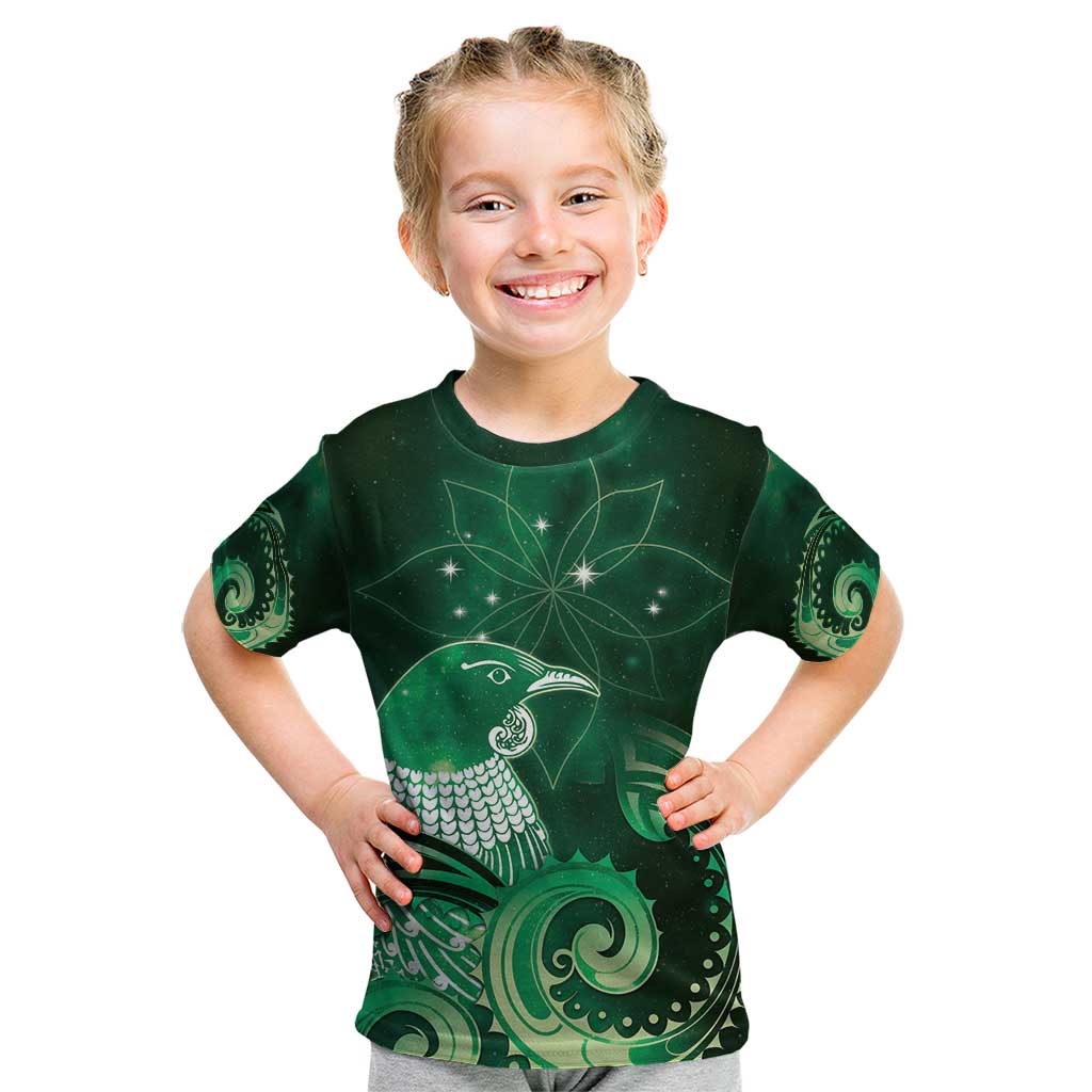New Zealand Matariki Kid T Shirt Maori Tui Bird Green Galaxy
