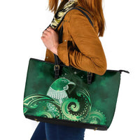 New Zealand Matariki Leather Tote Bag Maori Tui Bird Green Galaxy