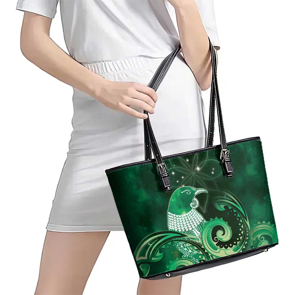 New Zealand Matariki Leather Tote Bag Maori Tui Bird Green Galaxy