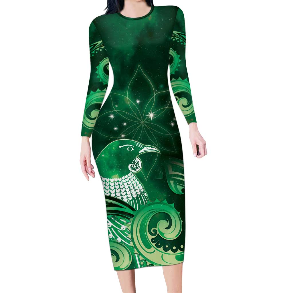 New Zealand Matariki Long Sleeve Bodycon Dress Maori Tui Bird Green Galaxy