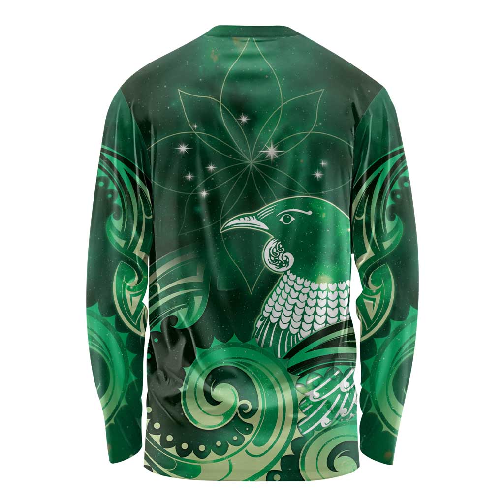 New Zealand Matariki Long Sleeve Shirt Maori Tui Bird Green Galaxy