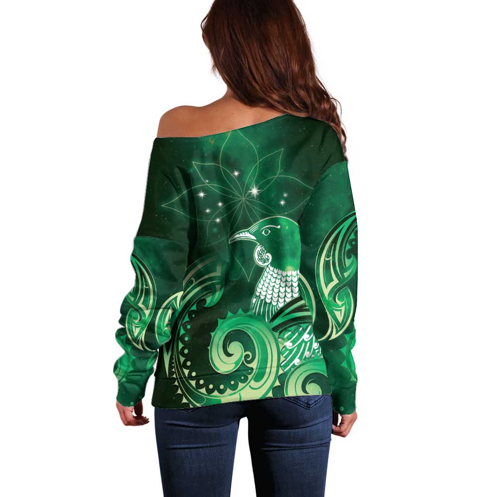 New Zealand Matariki Off Shoulder Sweater Maori Tui Bird Green Galaxy