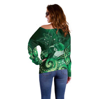 New Zealand Matariki Off Shoulder Sweater Maori Tui Bird Green Galaxy