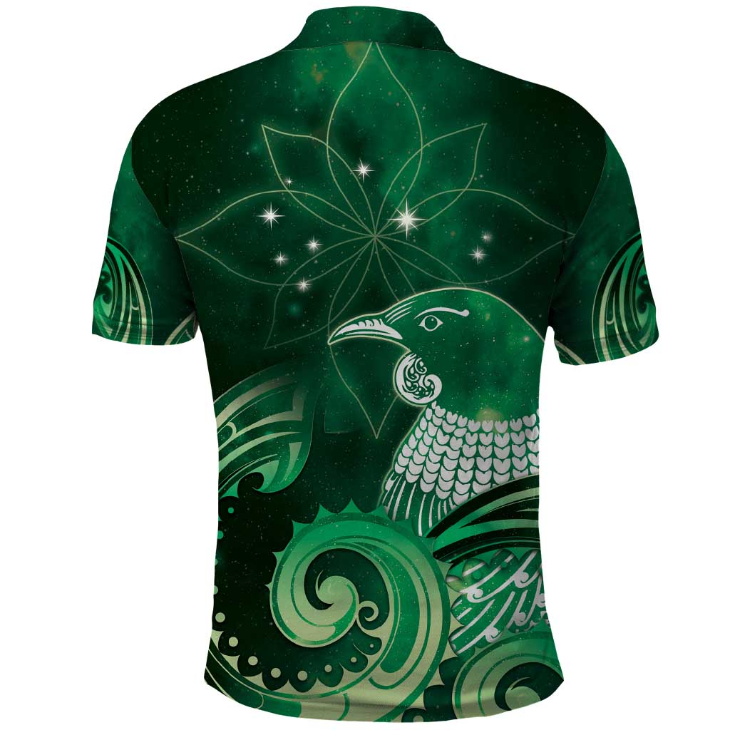 New Zealand Matariki Polo Shirt Maori Tui Bird Green Galaxy