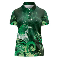 New Zealand Matariki Women Polo Shirt Maori Tui Bird Green Galaxy
