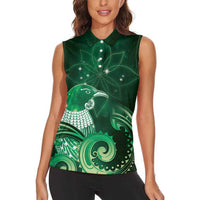 New Zealand Matariki Women Sleeveless Polo Shirt Maori Tui Bird Green Galaxy