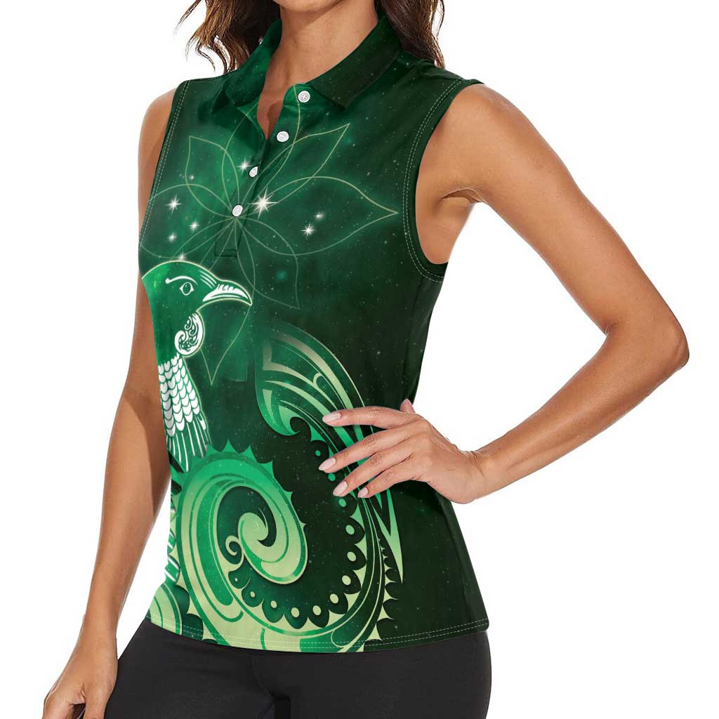 New Zealand Matariki Women Sleeveless Polo Shirt Maori Tui Bird Green Galaxy