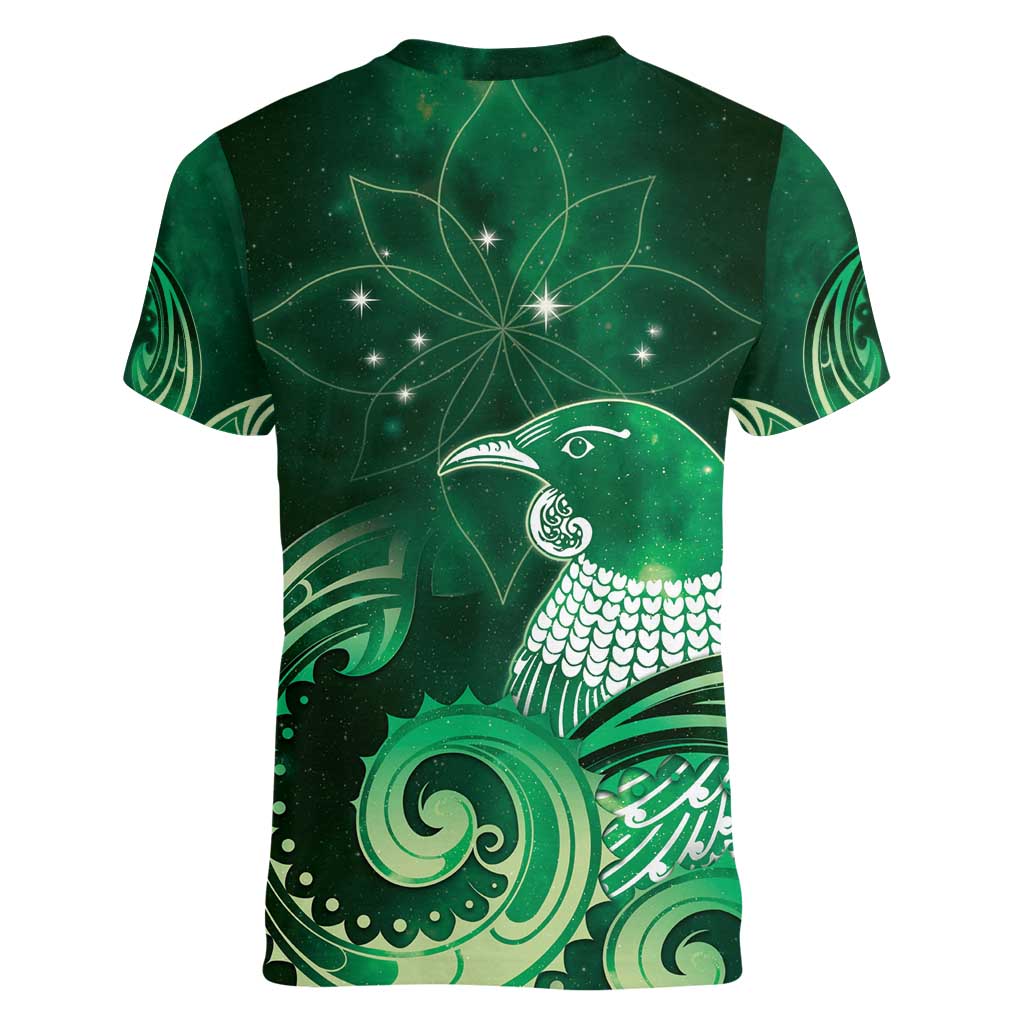 New Zealand Matariki Women V-Neck T-Shirt Maori Tui Bird Green Galaxy