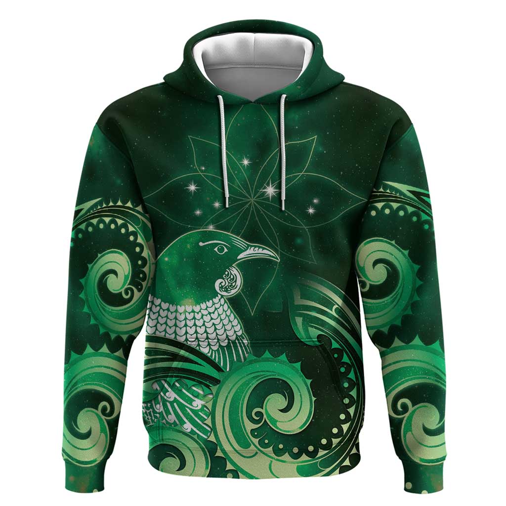 New Zealand Matariki Zip Hoodie Maori Tui Bird Green Galaxy