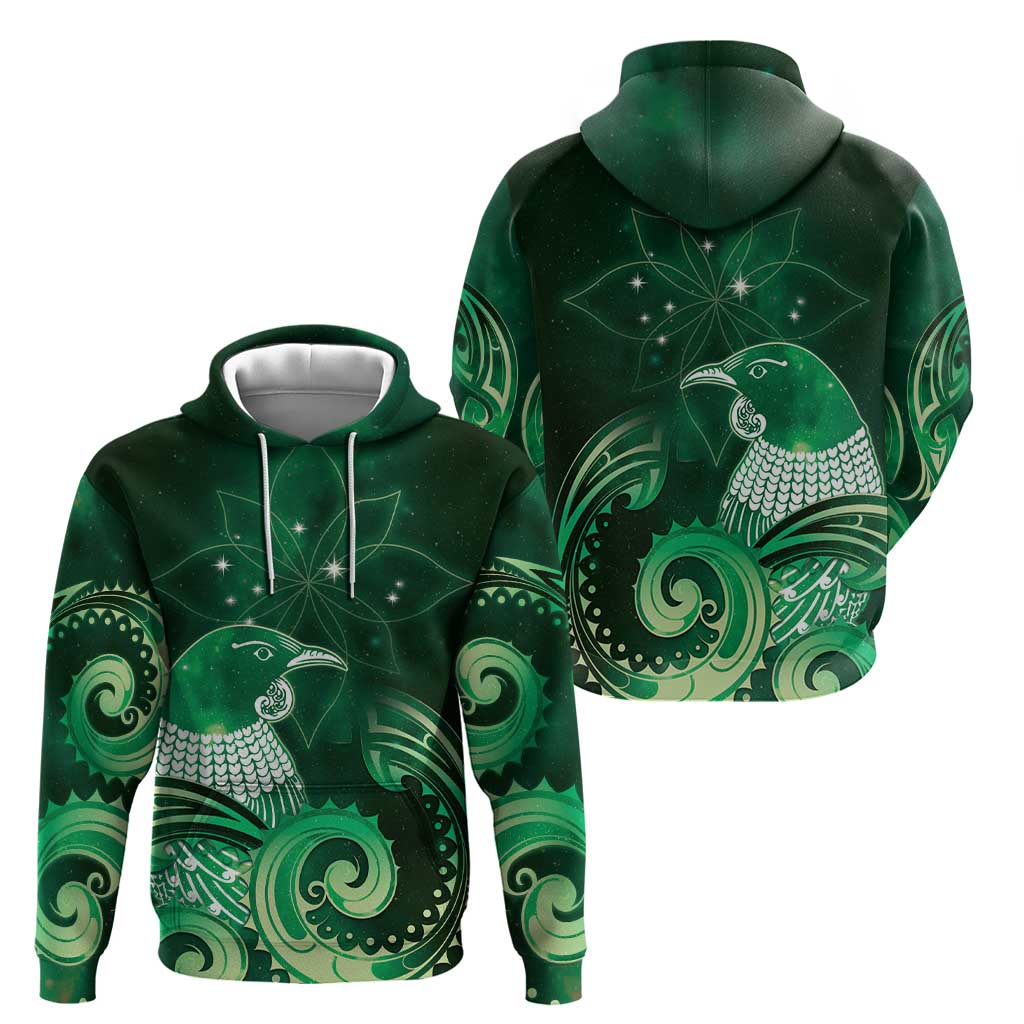New Zealand Matariki Zip Hoodie Maori Tui Bird Green Galaxy
