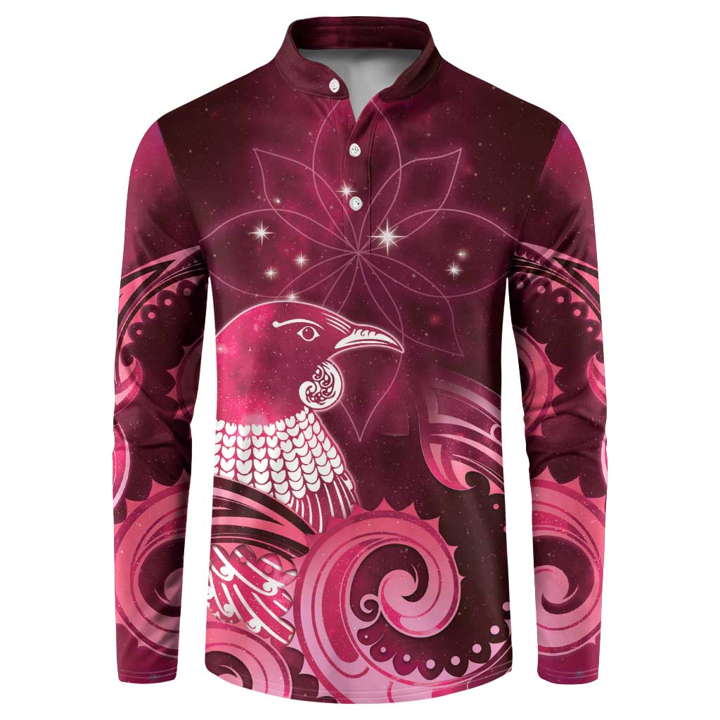New Zealand Matariki Button Sweatshirt Maori Tui Bird Magenta Galaxy
