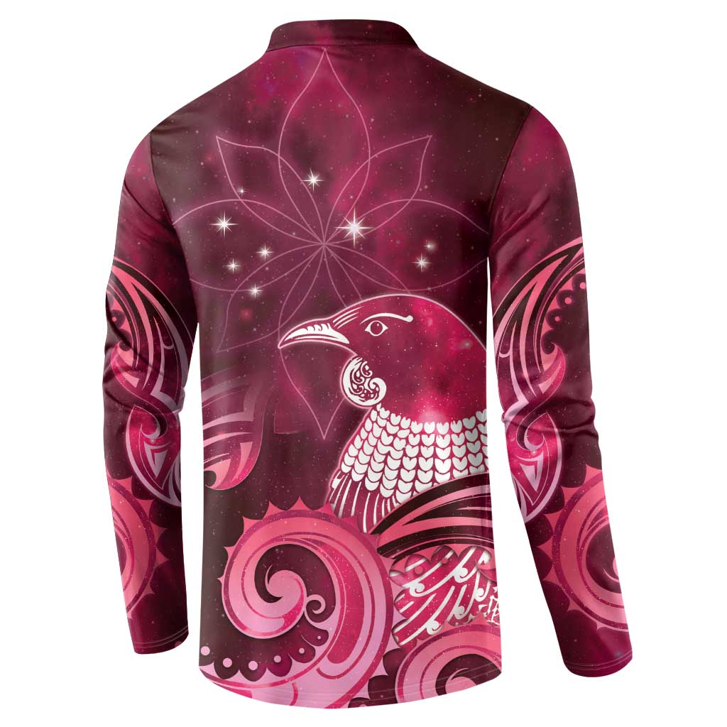 New Zealand Matariki Button Sweatshirt Maori Tui Bird Magenta Galaxy