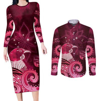 New Zealand Matariki Couples Matching Long Sleeve Bodycon Dress and Long Sleeve Button Shirt Maori Tui Bird Magenta Galaxy