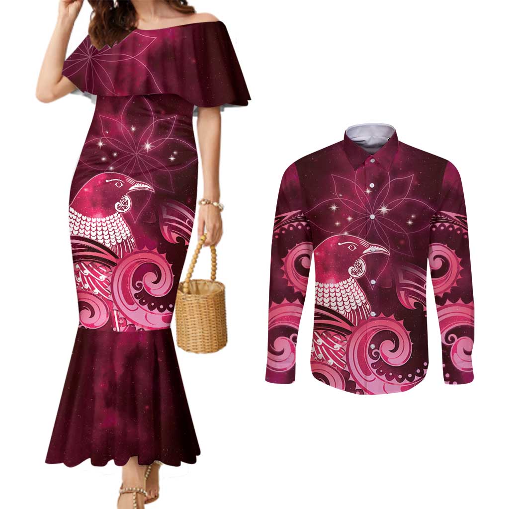 New Zealand Matariki Couples Matching Mermaid Dress and Long Sleeve Button Shirt Maori Tui Bird Magenta Galaxy