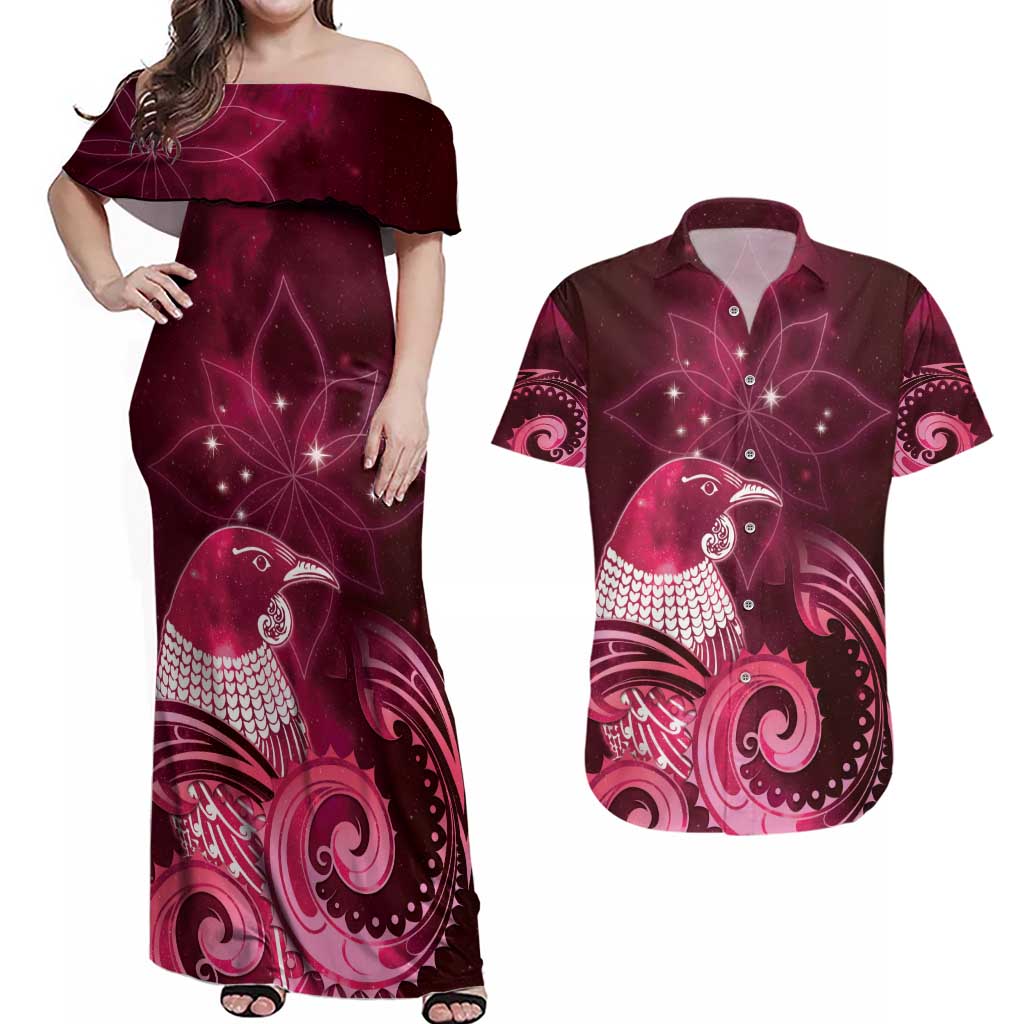 New Zealand Matariki Couples Matching Off Shoulder Maxi Dress and Hawaiian Shirt Maori Tui Bird Magenta Galaxy