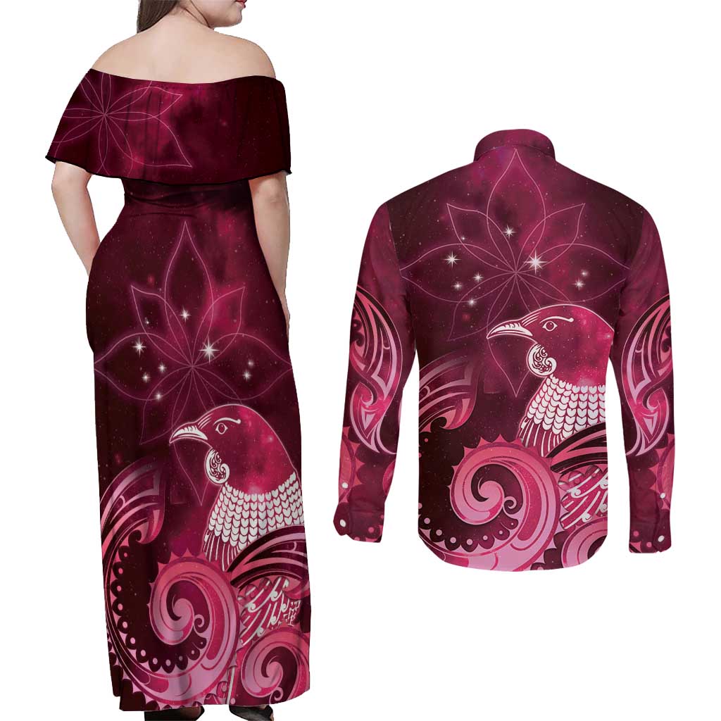 New Zealand Matariki Couples Matching Off Shoulder Maxi Dress and Long Sleeve Button Shirt Maori Tui Bird Magenta Galaxy