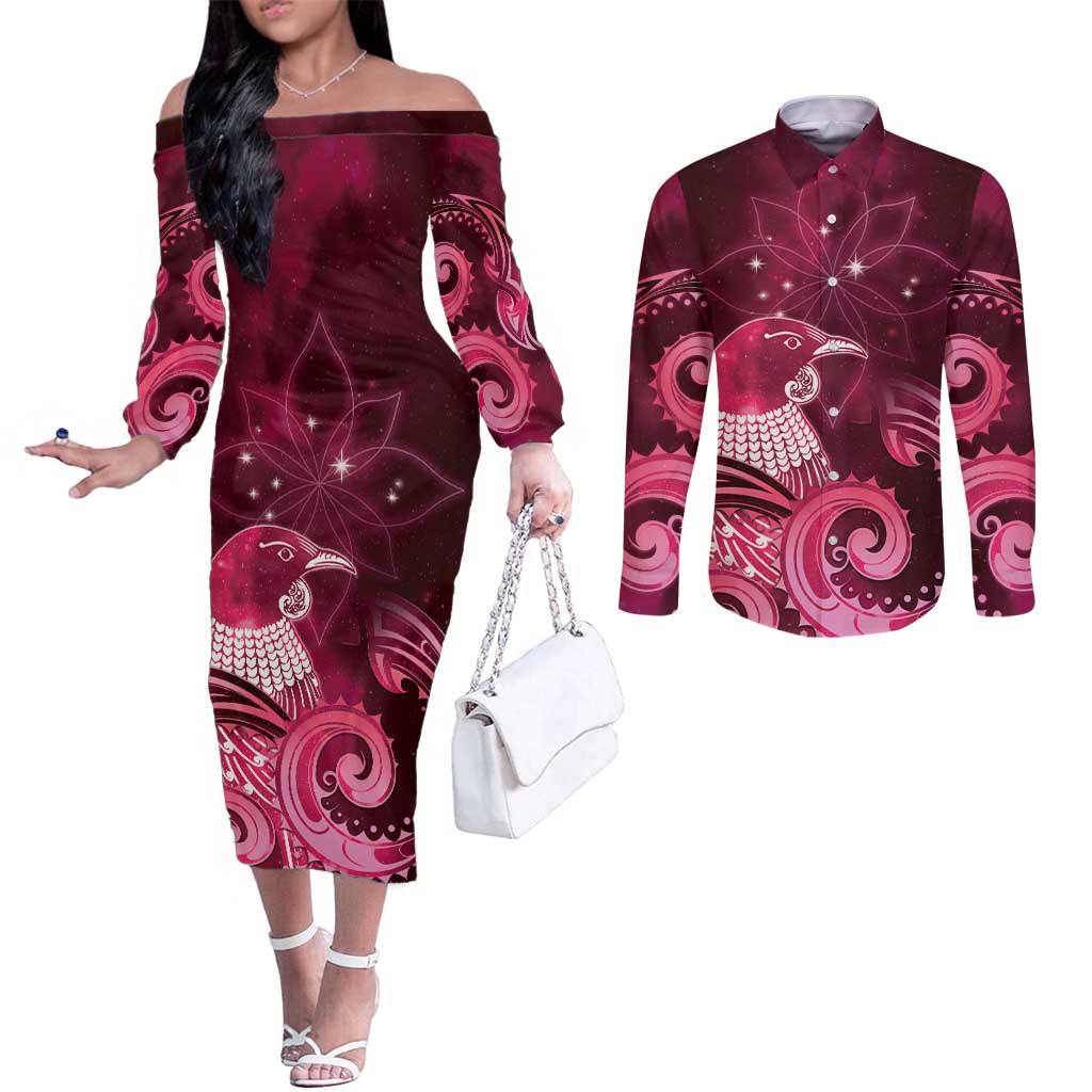 New Zealand Matariki Couples Matching Off The Shoulder Long Sleeve Dress and Long Sleeve Button Shirt Maori Tui Bird Magenta Galaxy