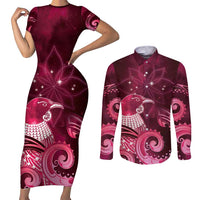 New Zealand Matariki Couples Matching Short Sleeve Bodycon Dress and Long Sleeve Button Shirt Maori Tui Bird Magenta Galaxy