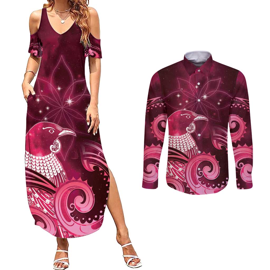 New Zealand Matariki Couples Matching Summer Maxi Dress and Long Sleeve Button Shirt Maori Tui Bird Magenta Galaxy
