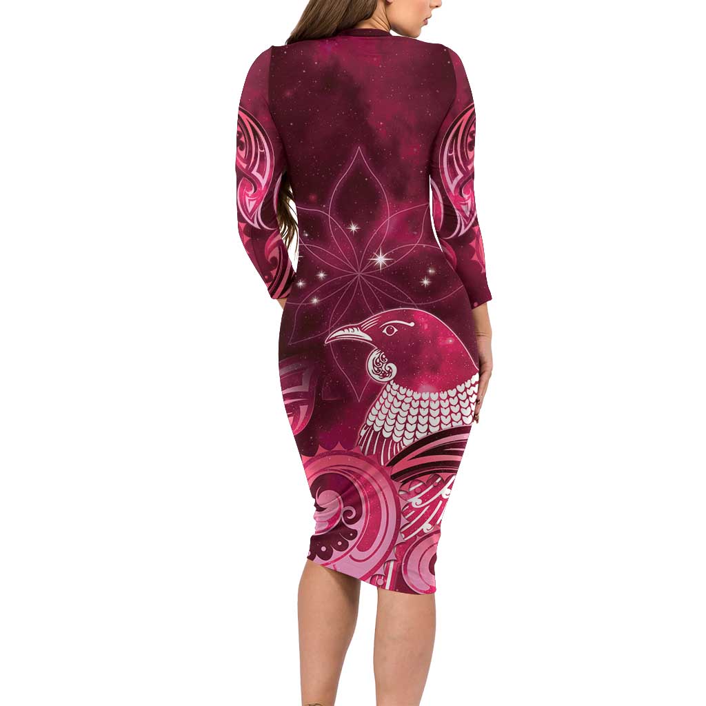 New Zealand Matariki Family Matching Long Sleeve Bodycon Dress and Hawaiian Shirt Maori Tui Bird Magenta Galaxy