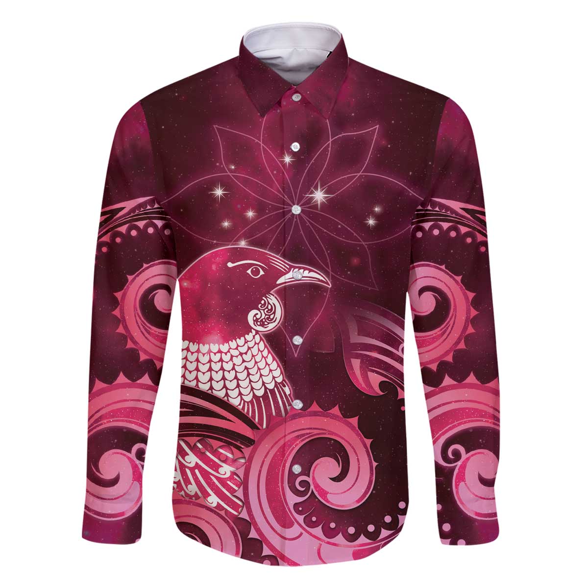 New Zealand Matariki Family Matching Off The Shoulder Long Sleeve Dress and Hawaiian Shirt Maori Tui Bird Magenta Galaxy