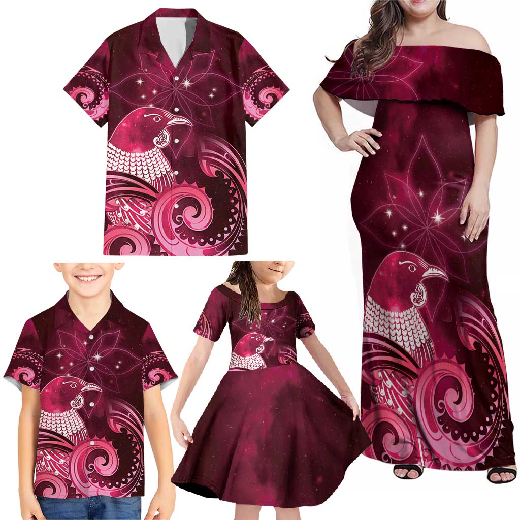 New Zealand Matariki Family Matching Off Shoulder Maxi Dress and Hawaiian Shirt Maori Tui Bird Magenta Galaxy