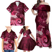 New Zealand Matariki Family Matching Off Shoulder Maxi Dress and Hawaiian Shirt Maori Tui Bird Magenta Galaxy