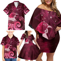 New Zealand Matariki Family Matching Off Shoulder Short Dress and Hawaiian Shirt Maori Tui Bird Magenta Galaxy
