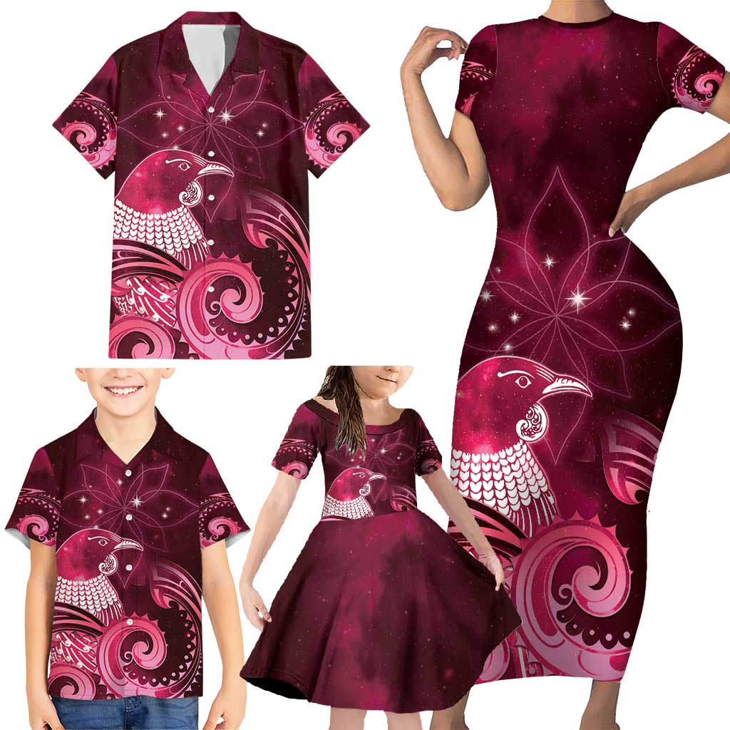 New Zealand Matariki Family Matching Short Sleeve Bodycon Dress and Hawaiian Shirt Maori Tui Bird Magenta Galaxy