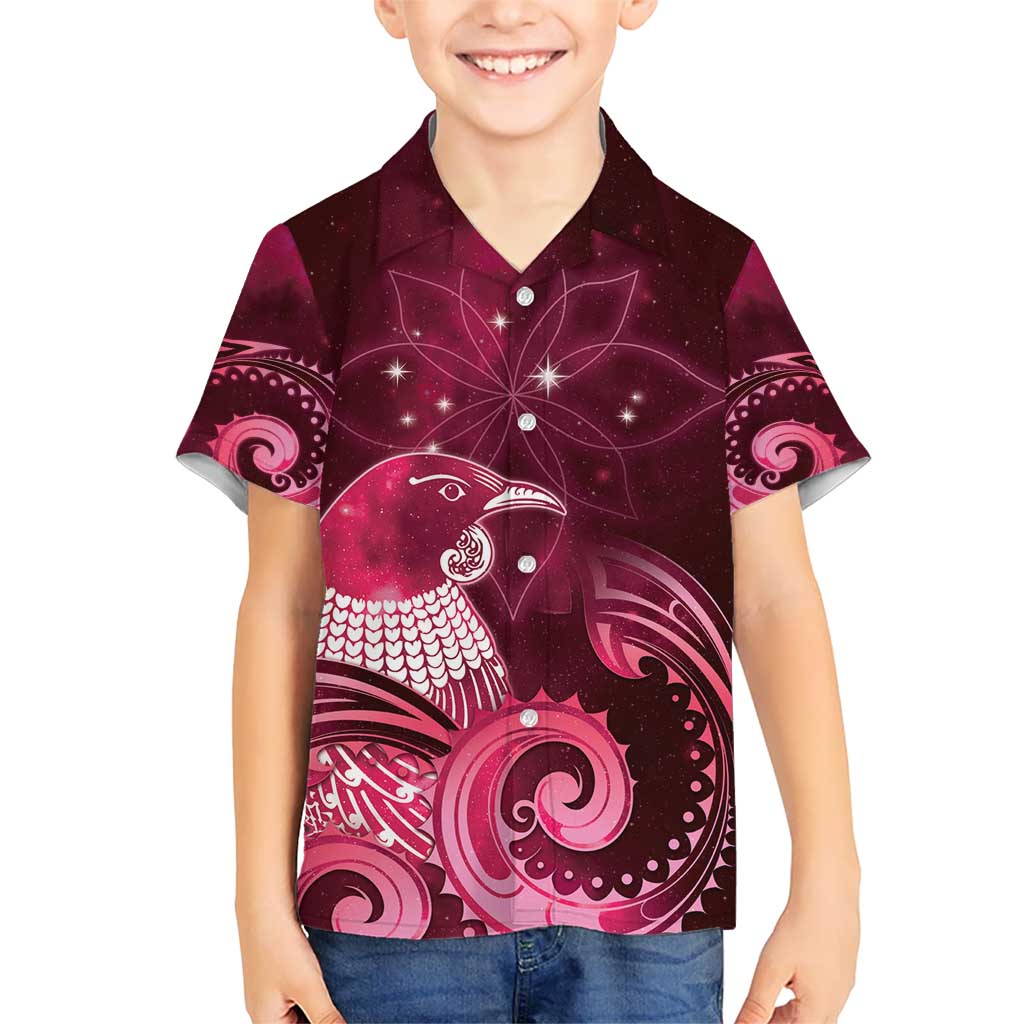 New Zealand Matariki Kid Hawaiian Shirt Maori Tui Bird Magenta Galaxy