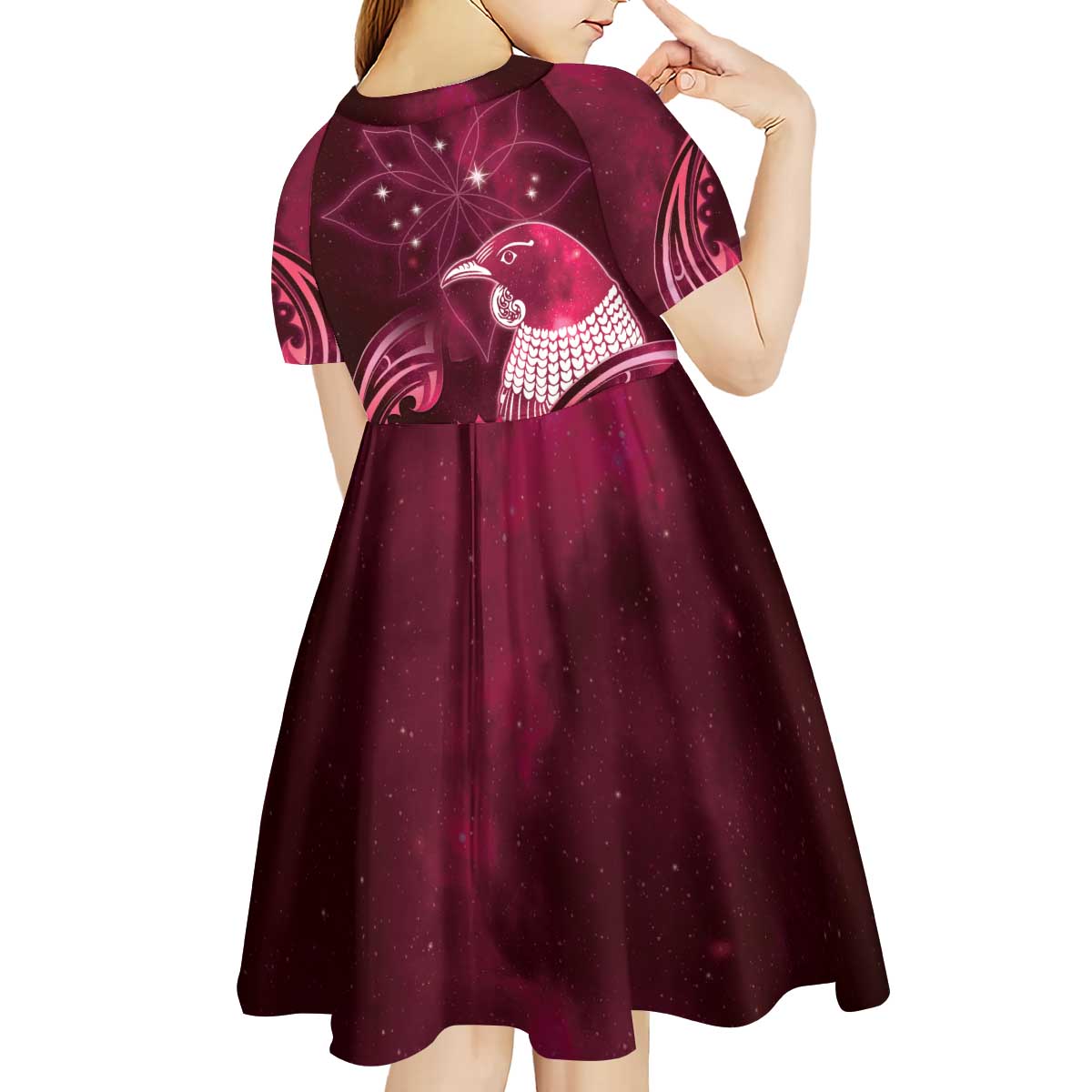 New Zealand Matariki Kid Short Sleeve Dress Maori Tui Bird Magenta Galaxy