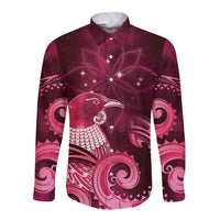 New Zealand Matariki Long Sleeve Button Shirt Maori Tui Bird Magenta Galaxy