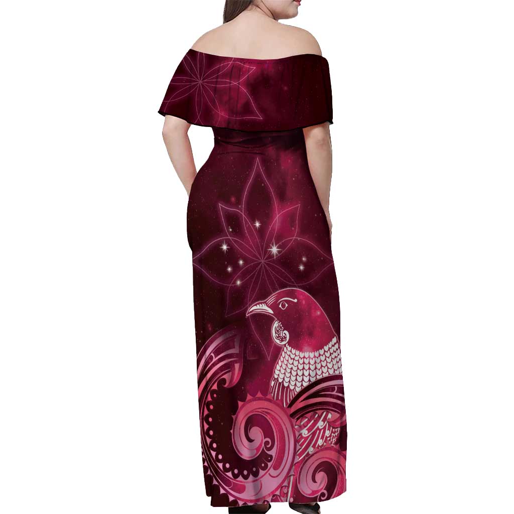 New Zealand Matariki Off Shoulder Maxi Dress Maori Tui Bird Magenta Galaxy