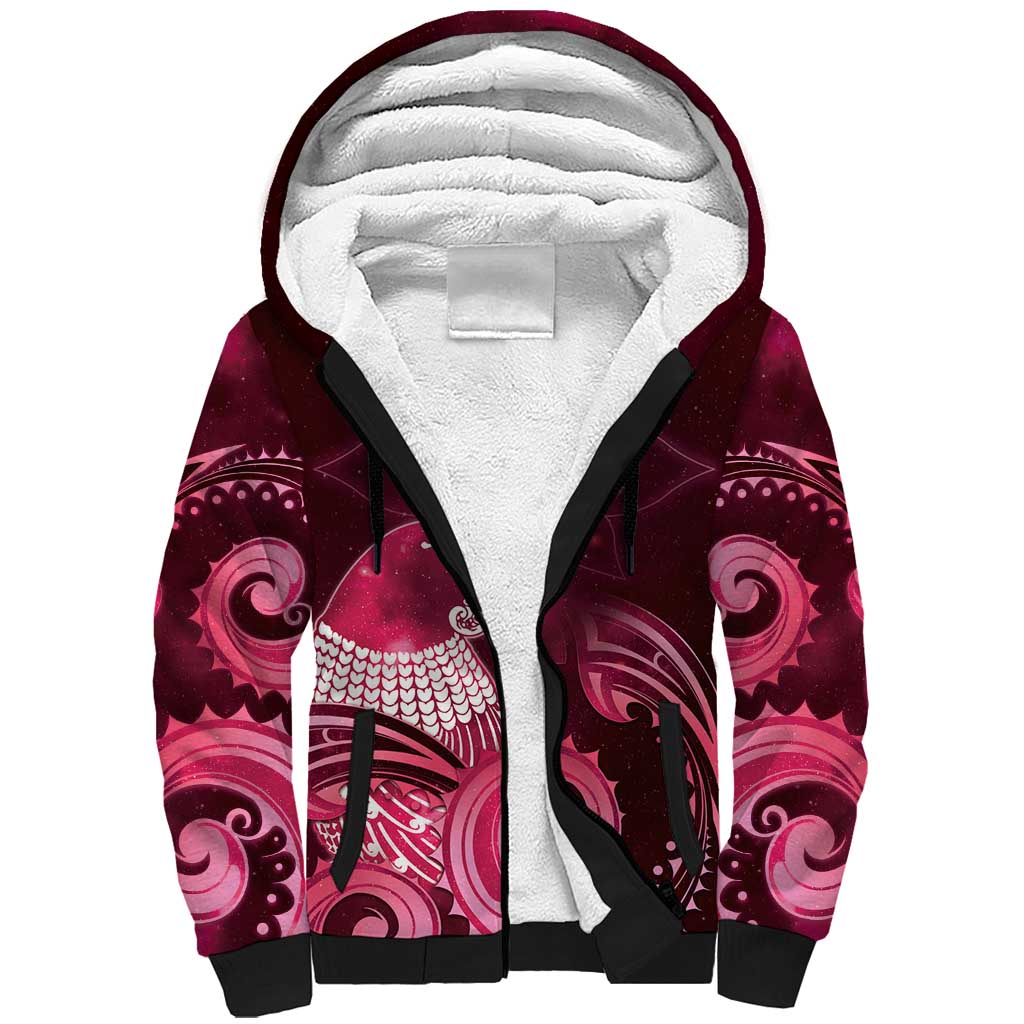 New Zealand Matariki Sherpa Hoodie Maori Tui Bird Magenta Galaxy